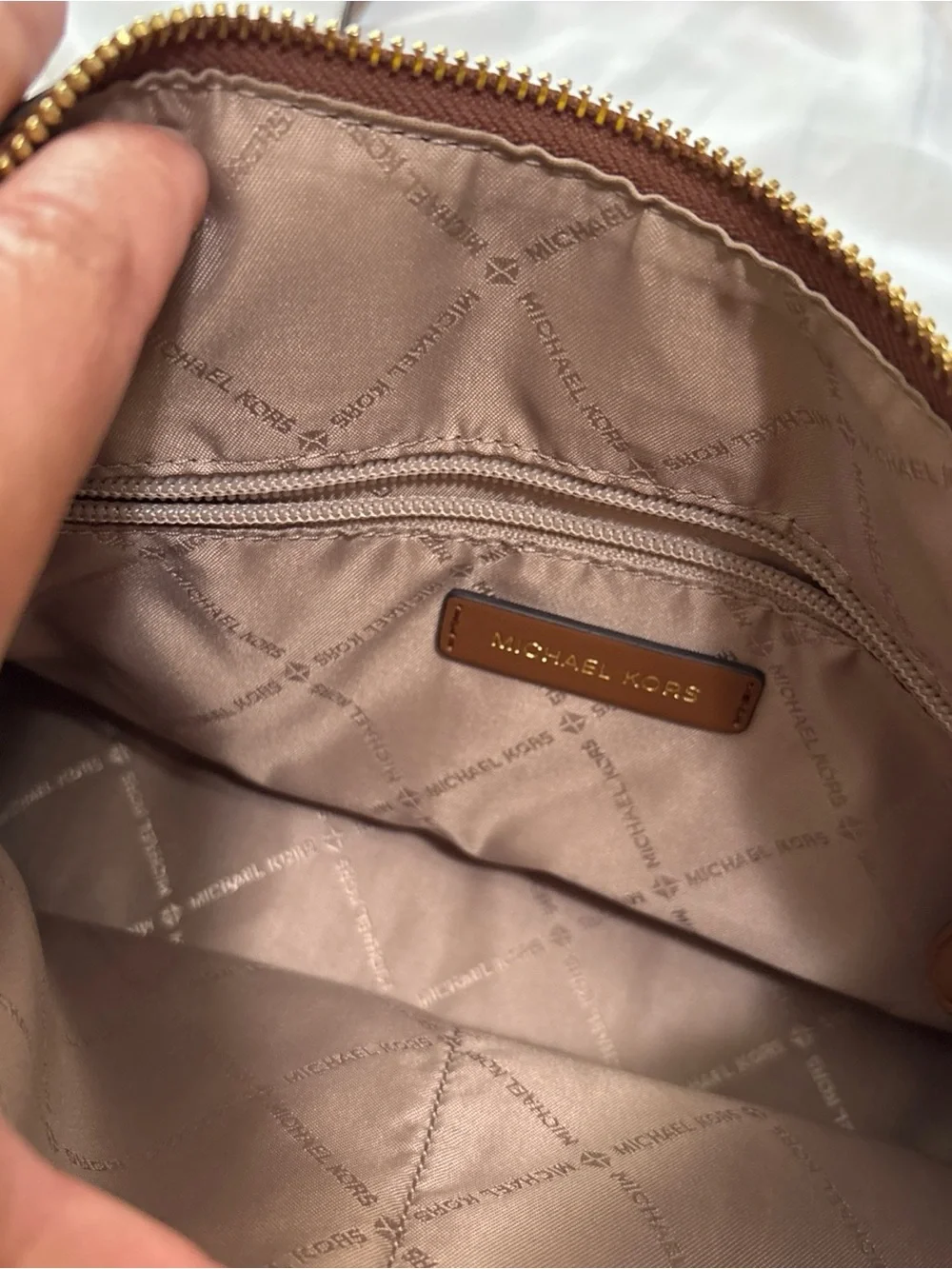 Michael Kors Beige Logo Satchel with Brown Trim and Gold Hardware